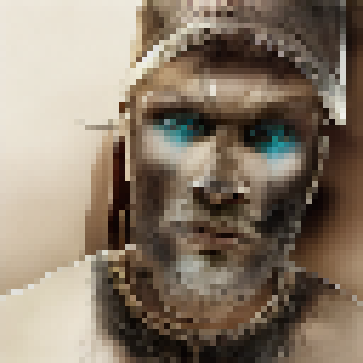 Spartan warrior holding a human skeleton while staring down a fierce lion, set against a rugged landscape with muted colors and a dramatic, portrait-style composition.