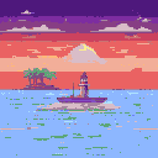 boat, cloud-filled sky, pixelated palm trees, calm water, dotted seagulls flying, rocky shoreline, distant lighthouse, sandy beach, vibrant sunset hues, sRGB palette, detailed ocean texture, pixel art sailboat, tranquil seascape