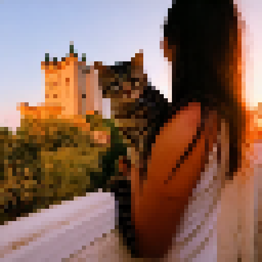 Cat perched on girl's shoulder, gazing at magical sunset over medieval castle.
