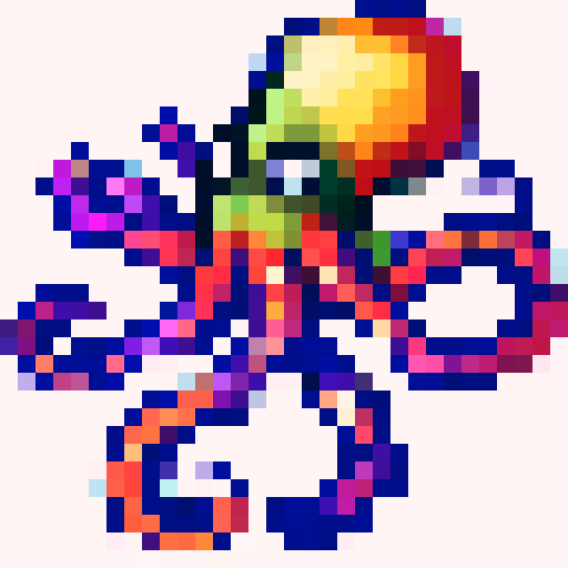 colorful, tentacled kraken, with vibrant hues, in a game icon style, showcasing intricate 32x32 pixel art, utilizing the sRGB color space, skillfully crafted in a close-up portrait format