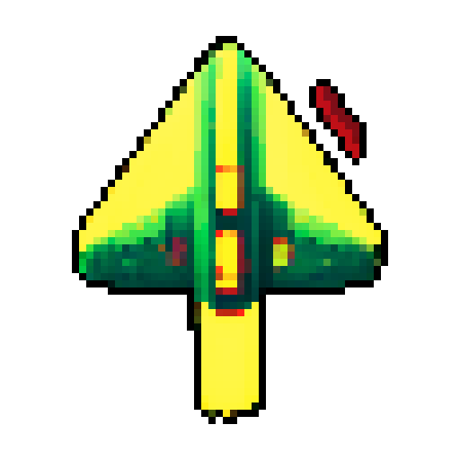 spaceship, red, overhead view, retro pixel art, vibrant colors, sleek design, glowing thrusters, transparent background, futuristic technology, metallic hull, intricate details, cockpit window