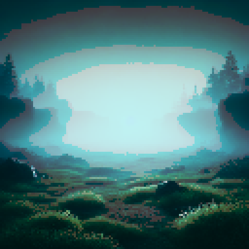 A mysterious field with a flat grassy surface. The background fades into thick fog, with faint outlines of trees and rocks adding depth and mystery.