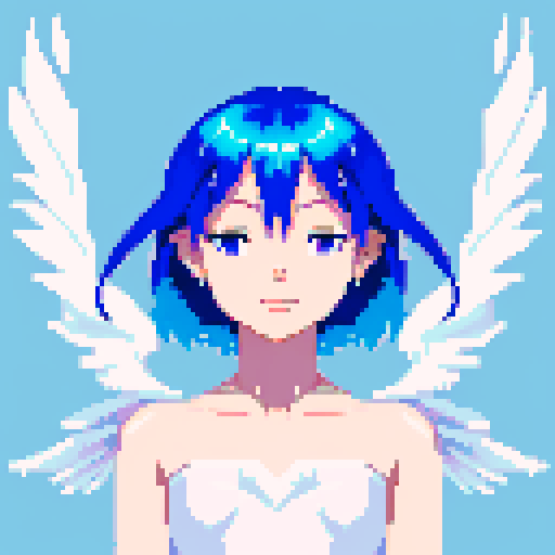 
Beautiful, ethereal angel with shimmering wings and flowing, liquid-like chrome body, rendered in minimalist pixel art with vibrant, dazzling sRGB colors