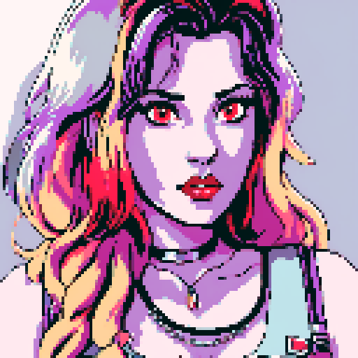 Thicc, busty greaser goth girl, long purple hair, eyeliner, red lipstick,  studded collar, up close face portrait, vibrant sega genesis palette, pixel art portrait,edgy aesthetic 
