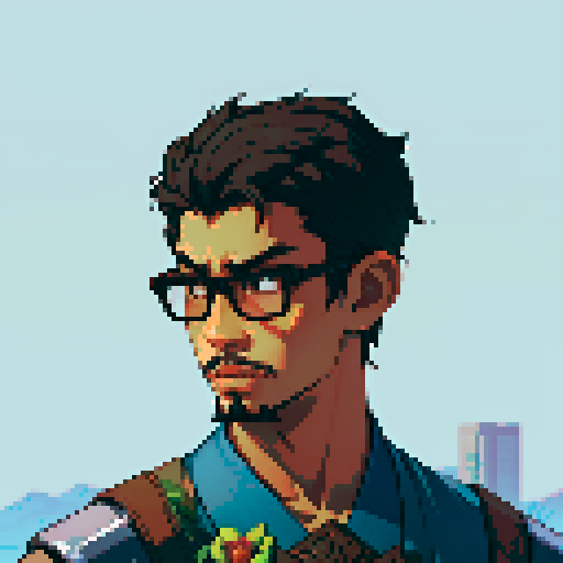Southeast Asian man, short curly hair, round glasses, tanned, goatee