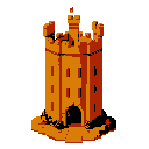 2d Red clay tower in an ancient english style. Old and crumbling but still upright. Usable as an asset (clear, thick lines and a white background). Put a black stroke around the composition