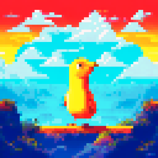 a portrait of white bird with a big yellow beak, in front of a blue sky with clouds