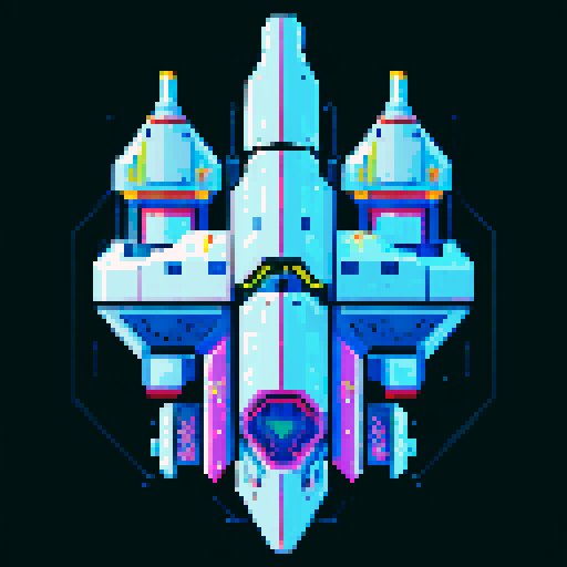 2d Spaceship in empty space, metallic exterior, retro aesthetic, pixelated details,blinking lights, wireframe outlines, geometric shapes, low-resolution textures, pixel art style, sRGB color space View from above.
shades of metallic silver and grays for the body, accented with bright blues or greens for the windows and thrusters. This palette evokes traditional, sleek, and advanced technological aesthetics.