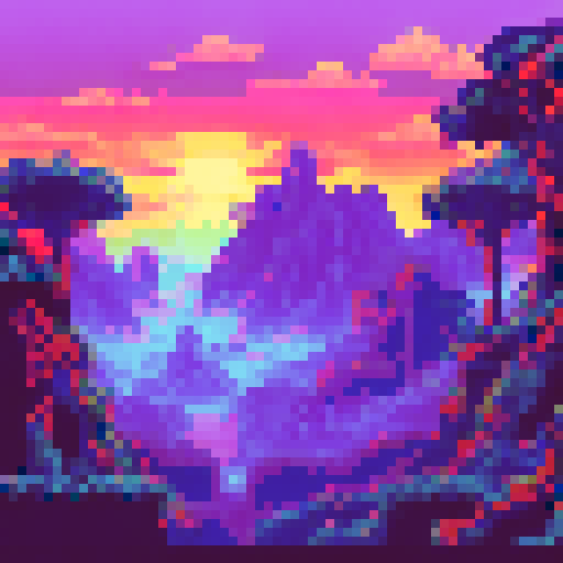 Ancient temple hidden in a jungle, surrounded by mist and guarded by stone statues, with a colorful sunrise peeking over the mountain range in the background