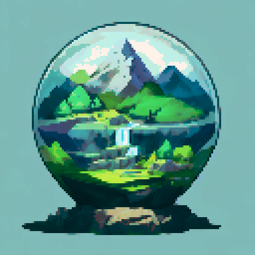 A circular glass dome containing a serene landscape.
At the center, a tall, majestic mountain with jagged peaks stands against a pastel sky.
In front of the mountain, a cascading waterfall flows into a calm river surrounded by lush green trees.
The foreground features various green plants, bushes