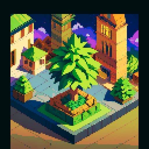 Giant Pineapple tree. Isometric view, set at night. With little baby pineapple saplings around.

