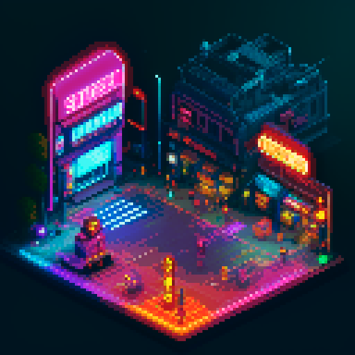 Isometric 2D cyberpunk street scene, vibrant neon lights, futuristic storefronts with glowing neon signs, reflective wet pavement, cybernetic-enhanced pedestrians, high-tech vehicles, mage girl floating in center, serene pose, fusion of mage robes and cyberpunk aesthetics with glowing runes, mystical aura amidst technology, focus on dynamic lighting and detailed environment