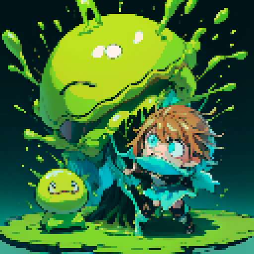 slime surging up around someone, slime engulfing a hero, slime consuming a hero, hero getting engulfed by slime, slime attack, dynamic, slime slamming into someone, impact, splashing slime, full-body image, full-body art, metal armor, brown hair