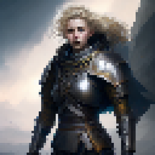 Blonde female knight, stoic expression, medieval armor, wielding a gleaming sword, standing on top of a rocky cliff with stormy clouds in the background, depicted in a realistic art style.