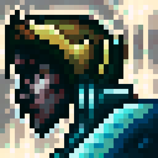 Elven warrior's silver armor, intricate engravings, glowing cyan runes, sharp steel blades, captured in 32x32 pixel art, with a skillful close-up portrait style for a high elven fantasy game icon