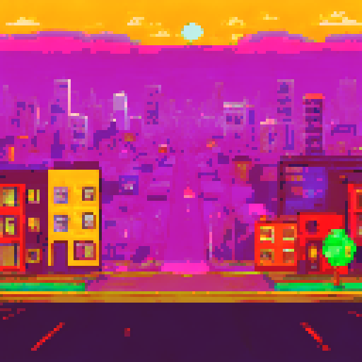 Empty parking lot with cracked asphalt, surrounded by brightly colored houses and tall buildings, with a sprawling map of the city in the background, all rendered in vibrant pixel art, large area