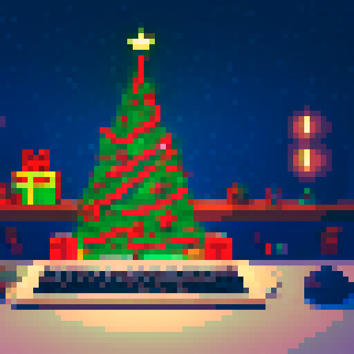 keyboard, mouse, decorated Christmas tree with twinkling lights instead of monitor, desk, 8-bit, retro video game aesthetic
