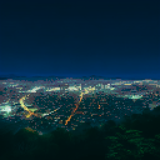 Night view from forest mountain to city