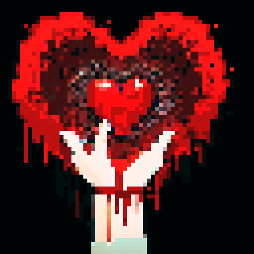bloody hand grasping a pixelated heart, splattered red against a dark background, showcasing the gory details in vibrant sRGB colors