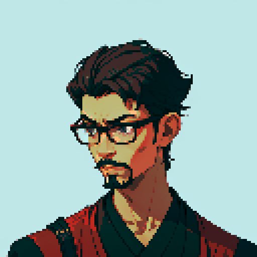 Southeast Asian man, short curly hair, round glasses, tanned, goatee, diamond shaped face, black eyes, wearing a robe