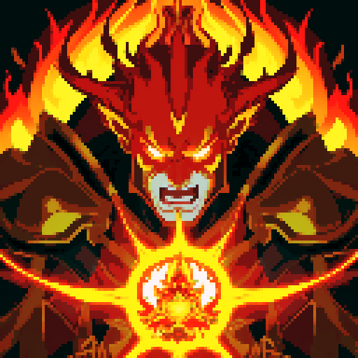 Towering and imposing, a powerful East Asian psyker from the 40K universe dons a vibrant yellow battle armor that glistens with metallic sheen His stern visage is illuminated by the depths of his psychic energy, while suspended mid-air, his palm radiates with scorching flames Bright orange and red hues flicker in his hand, forming a fiery blade, as his eyes mirror the same fiery intensity, merging his will with the flames, all in pixel art style, sRGB