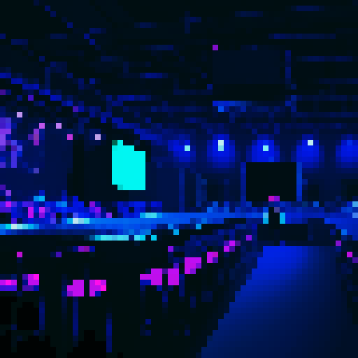 dj booth, crowded foreground, platform along bottom, dark dramatic lighting, club lighting, sRGB, pixel art, background landscape