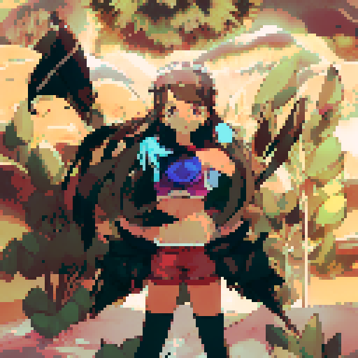 Double ponytail-clad beach babe rocks a bold, bright swimsuit with an attention-grabbing tropical print against a backdrop of crashing waves and palm trees, all rendered in vibrant anime style.