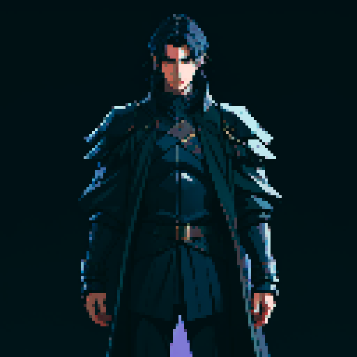 T-pose. Male. Full body. Short, dark blue hair. Black coat. Thin, covert, black armor underneath the coat. Better facial features. full lighting.