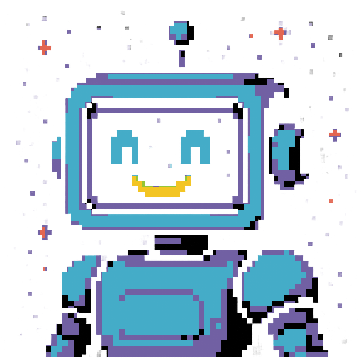 Friendly robot with rectangular monitor head, pixelated eyes and mouth, space aesthetics, game icon, 64x64 pixel art, sRGB, skill art, close up portrait