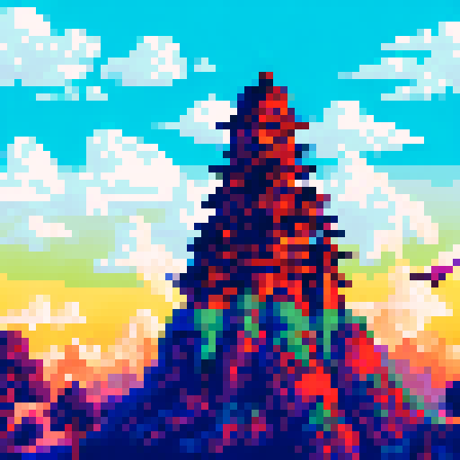 tall, ancient, japanese pagoda tower, towering above the lush, green forest, adorned with intricate, pixel art details, crowned by a majestic, green dragon, against a clear, sapphire blue sky, with a scattering of small, pixelated birds, captured from a ground-level perspective, showcasing the vibrant, sRGB colors of the landscape