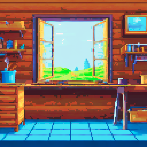 It is the 19th century, a cluttered workshop with wooden boards on the floor, walls adorned with woodworking tools, workbenches scattered with tools, there is a window, in a 16bit pixel art style





