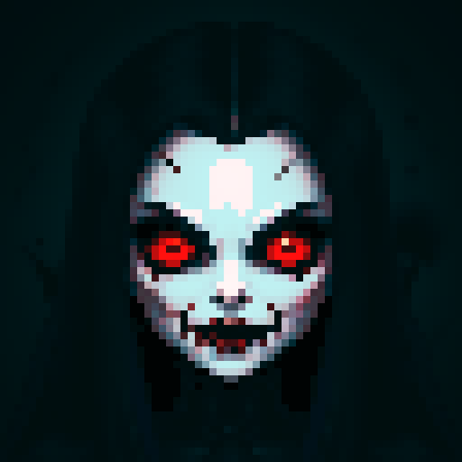 ghoul icon, vampiric style, pixel art, sRGB, hauntingly glowing eyes, pale skin, sharp fangs, blood-red lips, menacing aura, eerie atmosphere, gothic details