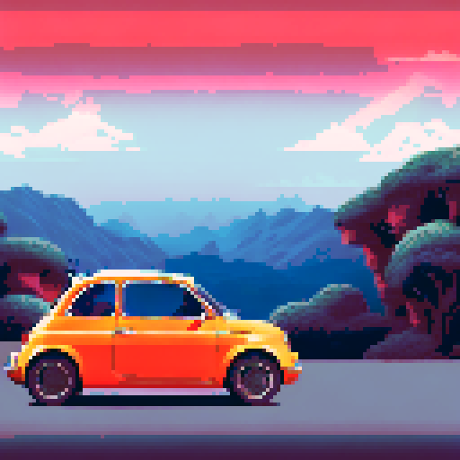 Photorealistic, centered Fiat 500 in a three quarter view, right wheel in front, clean background, pixel art style with sRGB colors