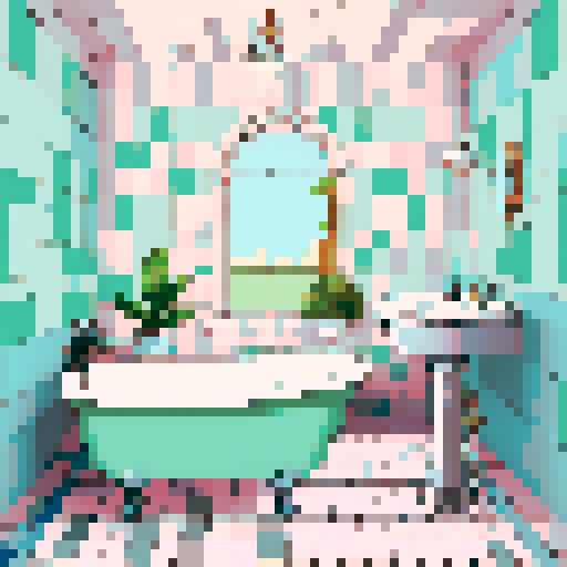 ceramic sink, vintage clawfoot tub, mosaic tiled floor, retro chrome faucet, pastel colored towels, frosted glass window, checkerboard patterned wallpaper, potted fern, stained glass mirror, art deco light fixture