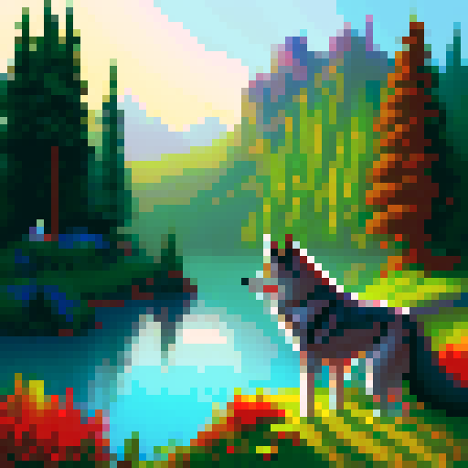 red, pixelated, sprite-style wolfdog, with a vibrant sRGB color palette, set against a detailed pixel art background depicting a serene and majestic landscape