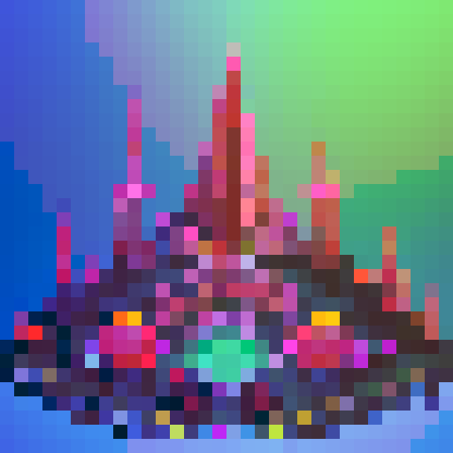 technological ziggurat with towering spires, shimmering in neon hues, surrounded by frozen waters reflecting the pixel art skyline
