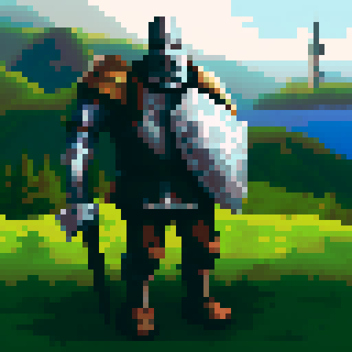 Medieval knight in full armor, wielding a massive broadsword and carrying a sturdy shield, standing proud amidst a pixelated landscape of rolling hills and towering castles.