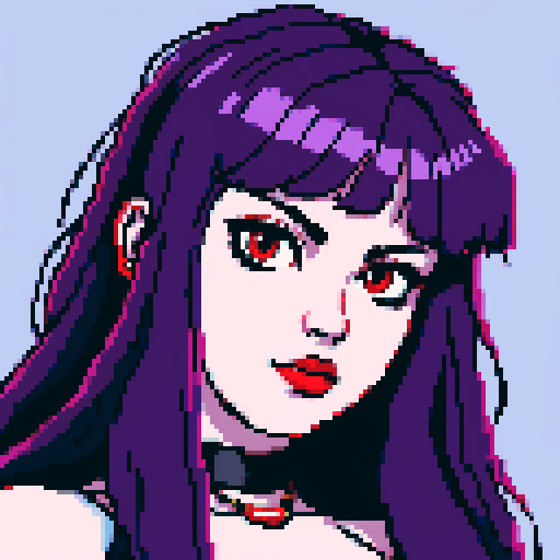 Thicc, busty goth girl, long purple hair, eyeliner, red lipstick, nude breast, spiked collar, up close face portrait, vibrant sega genesis palette, nude pixel art portrait,