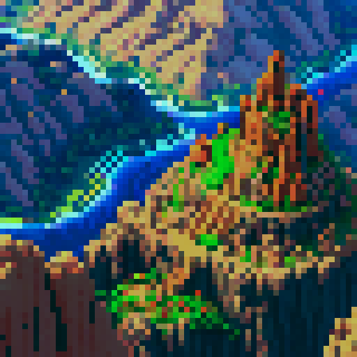 RPG map with rough mountains and a serpentine