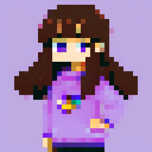 girl with long brown hair and big brown eyes, wearing an oversized purple sweater and black shorts, depicted in pixel art with vibrant sRGB colors