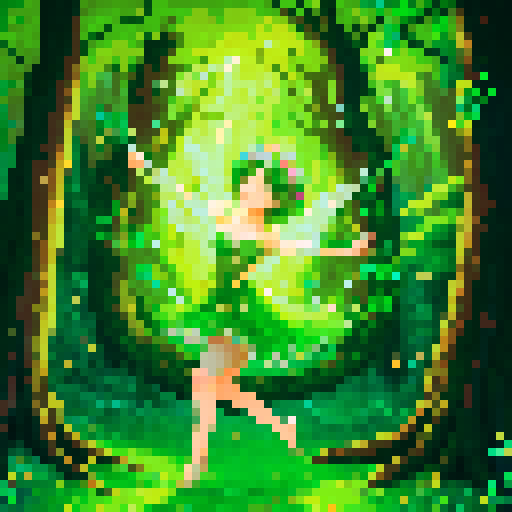 full body playful pose of a forest dryad with vibrant green foliage, shimmering ethereal glow, sparkling dewdrops on leaves, intricate bark patterns, and delicate petals floating in the air