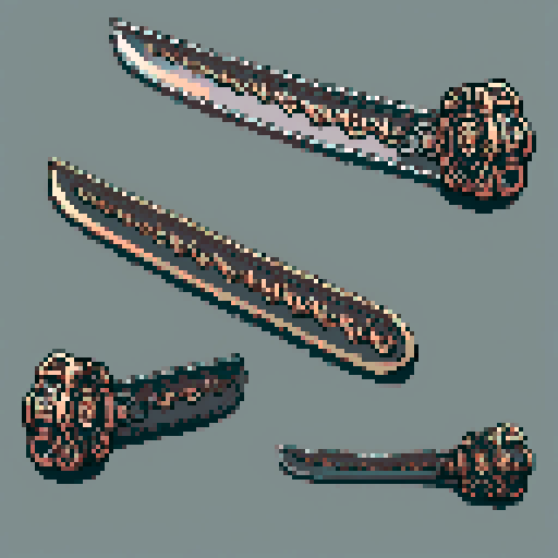 I want the blade of an ancient magical chainsaw constructed out of copper and gems. It should look huge (10 meters long at least), very complex and expensive, and very old. I also want this object usable an asset in a videogame, meaning only one object per image, outlined with a strong black stroke, on a solid-color background.