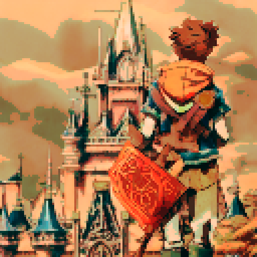 young boy with messy brown hair, wearing a blue hoodie and jeans, holding a gleaming silver keyblade adorned with intricate carvings, sits on a moss-covered rock in front of a majestic, towering magic castle with vibrant turrets and stained glass windows, bathed in the golden glow of a setting sun