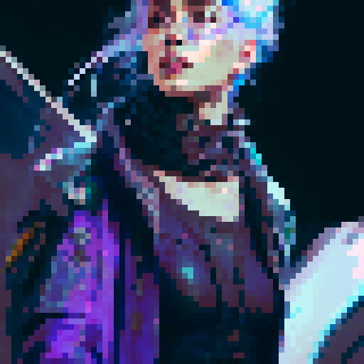 Purple and blue haired warrior queen, wearing a black leather jacket with holographic details and angular lines, with expressive green eyes and big breasts, holding a scythe, all in a fantasy RPG art style with holographic hair and braids