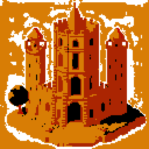 2d Red clay tower in an ancient english style. Old and crumbling but still upright. Usable as an asset (clear, thick lines and a white background). Put a black stroke around the composition