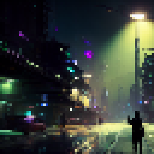 "Create a cybernetic-infused slum background where neon lights flicker amidst towering skyscrapers, in a sideview RPG style.