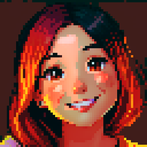 stardew valley-inspired, woman, asian, pixel art, sRGB, vibrant colors, rustic backdrop, dark hair, glowing skin, gentle smile, rosy cheeks