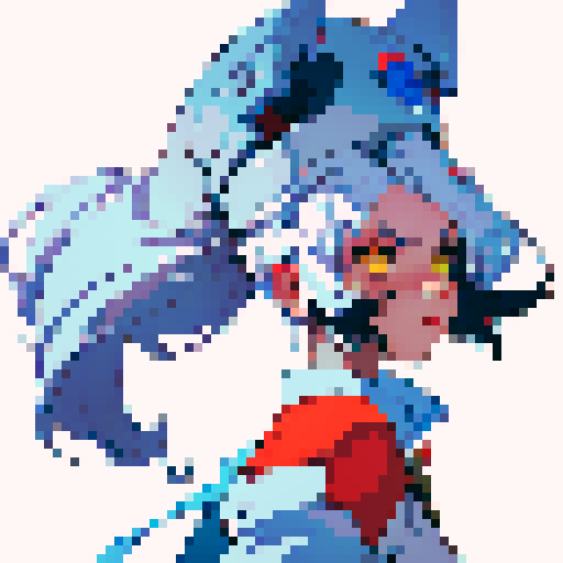 anthropomorphic fox woman reploid, white hair, yellow eyes, red helmet, blue headstone, white tail, clawed feet, sRGB, pixel art