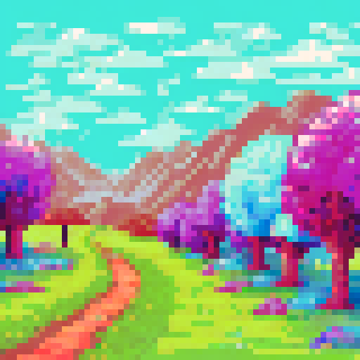 Tiny tree with vibrant green leaves, set against a pastel blue background reminiscent of a clear sky, nestled in a pixelated landscape of rolling hills and fields