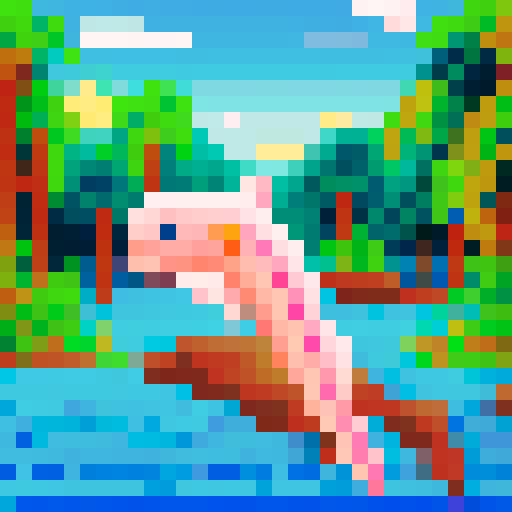 a pink dolphin jumping in a river in the middle of a rainforest